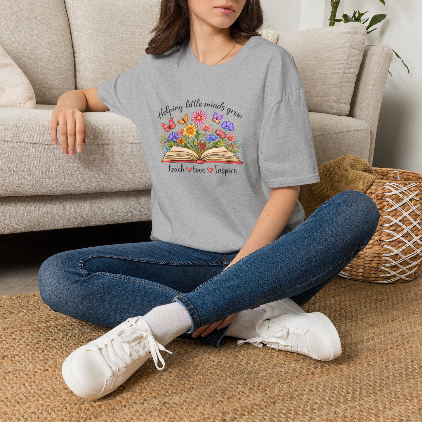 Helping Little Minds Grow Teacher Shirt | Teach Love Inspire Floral Book Tee