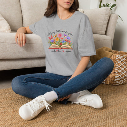 Helping Little Minds Grow Teacher Shirt | Teach Love Inspire Floral Book Tee
