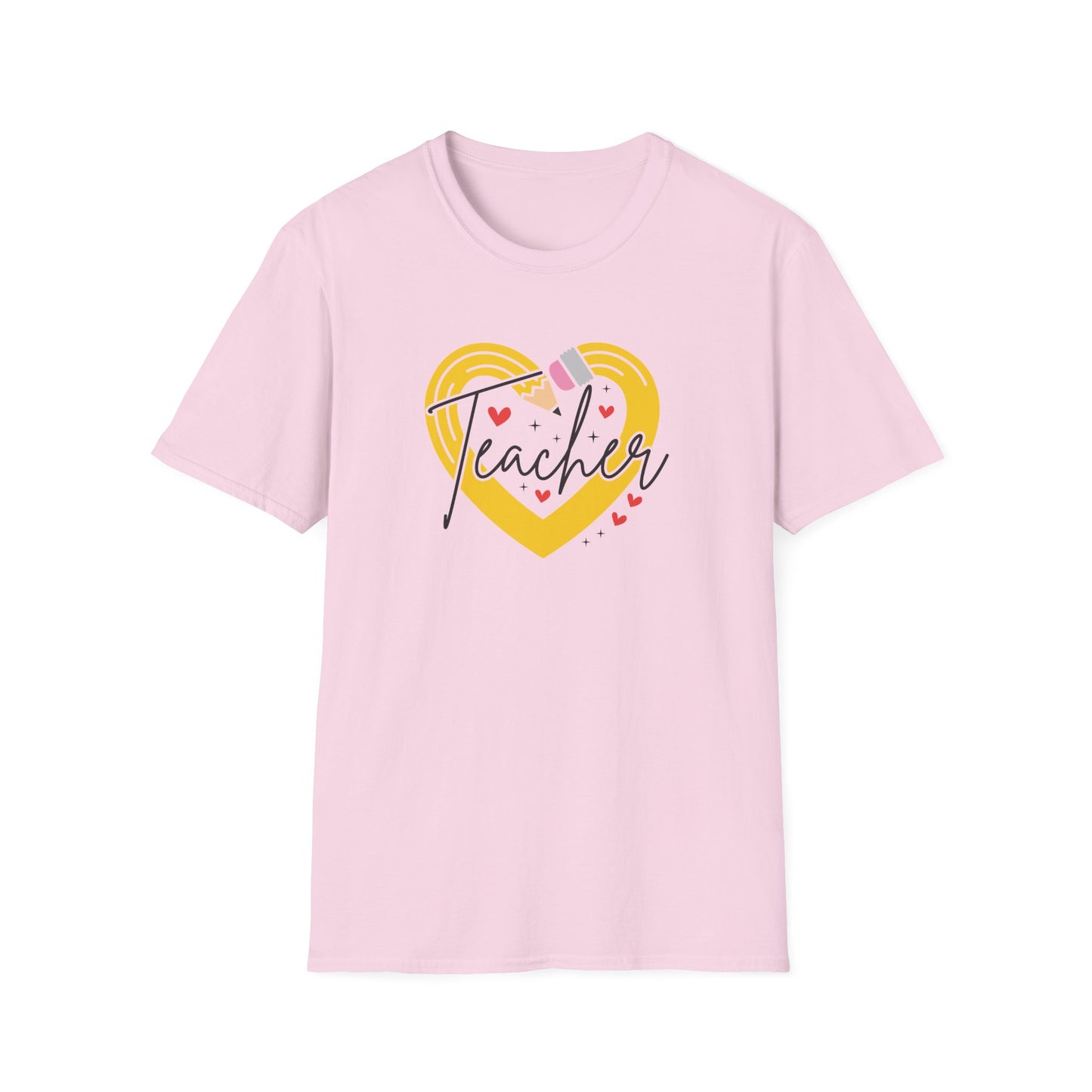 Teacher Heart Graphic T‑Shirt — Cute Yellow Heart, Pencil & 'Teacher' Script