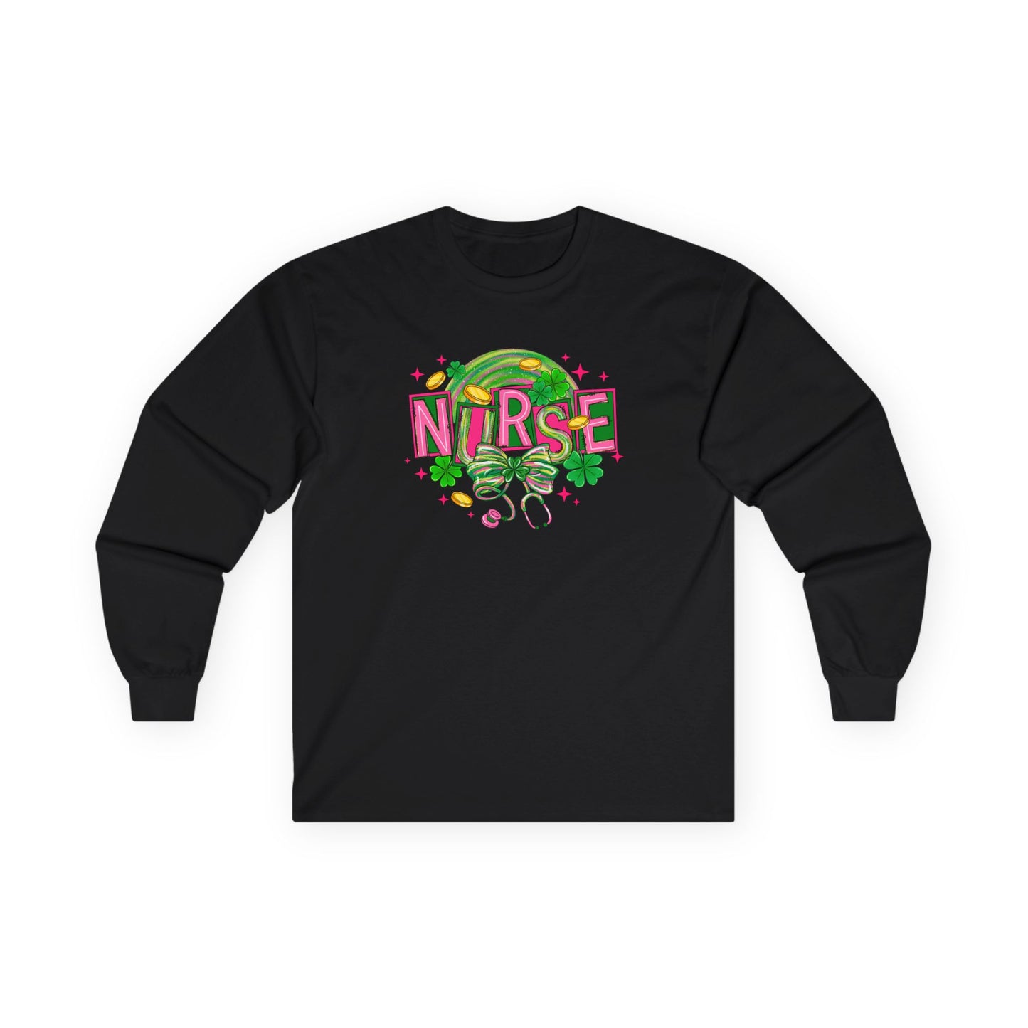 Nurse Stethoscope Graphic Long Sleeve Tee — Cute Green & Pink Healthcare Shirt