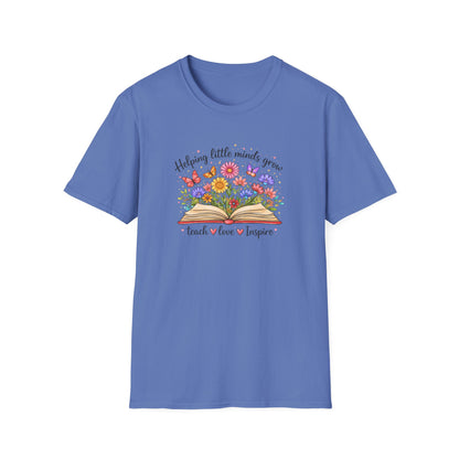 Helping Little Minds Grow Teacher Shirt | Teach Love Inspire Floral Book Tee