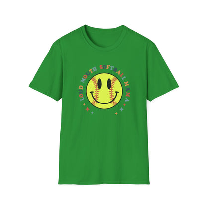 Loud Mouth Softball Mama Shirt – Retro Smiley Softball Graphic Tee, Funny Softball Mom Shirt, Vintage Game Day Apparel