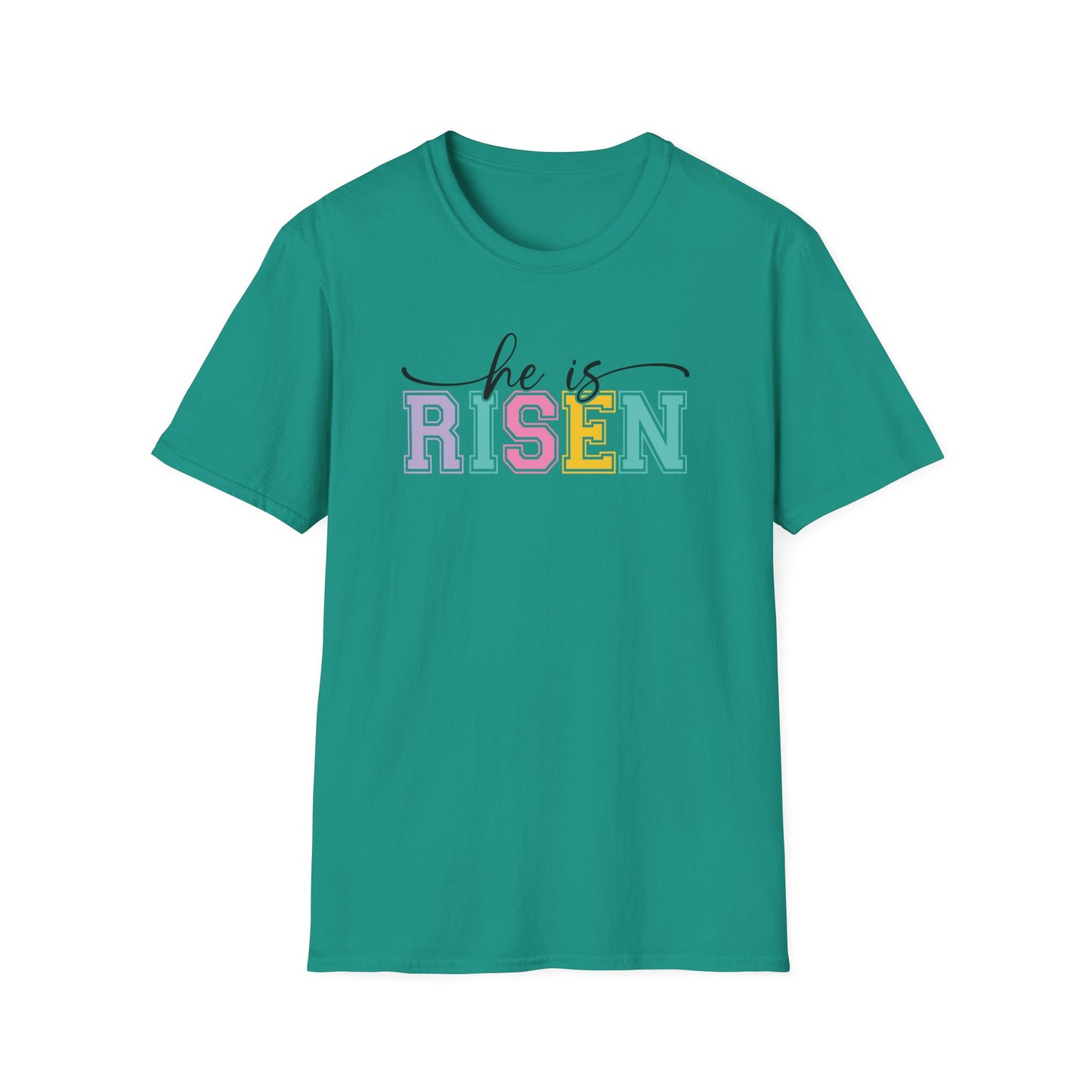 He Is Risen Christian Easter T-Shirt – Faith Based Front & Back Graphic Tee, Religious Resurrection Shirt, Pastel Easter Church Outfit for Women