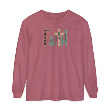 Faith Cross Long Sleeve Tee — Christian Scripture Romans 10:17 Shirt