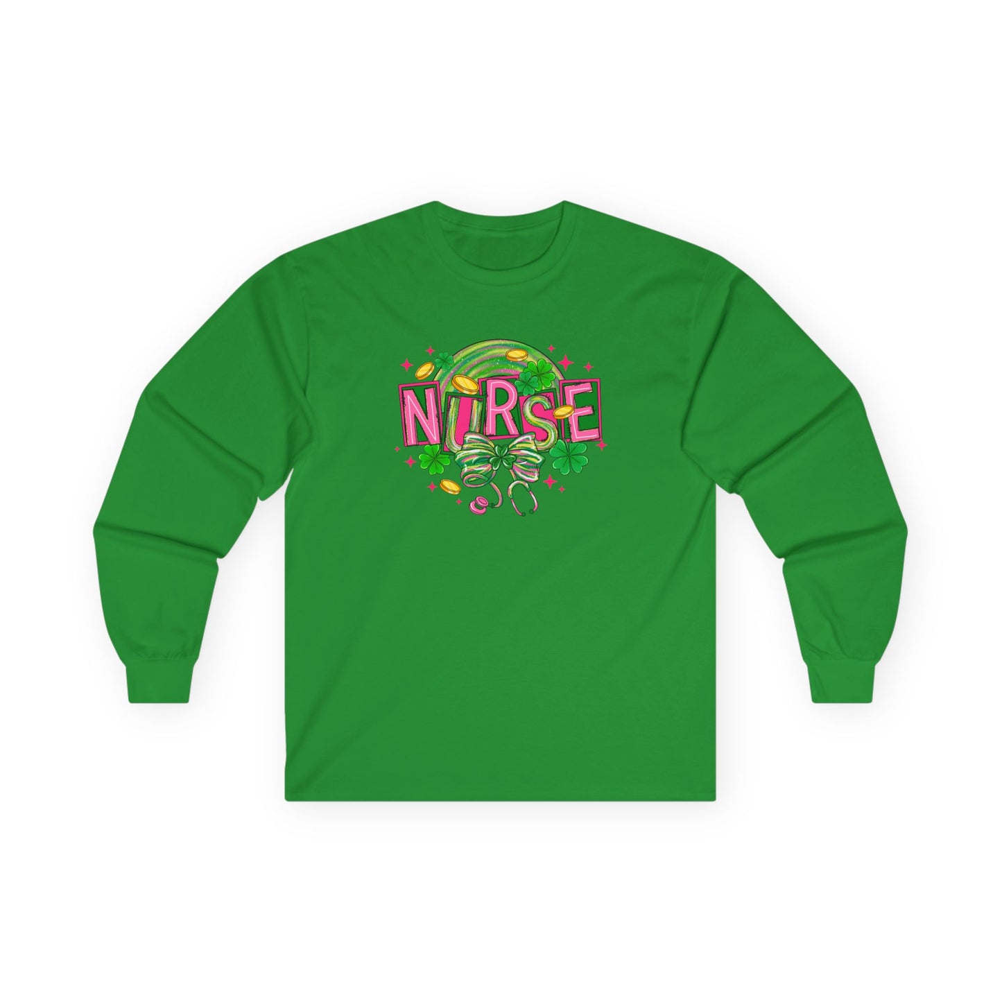 Nurse Stethoscope Graphic Long Sleeve Tee — Cute Green & Pink Healthcare Shirt