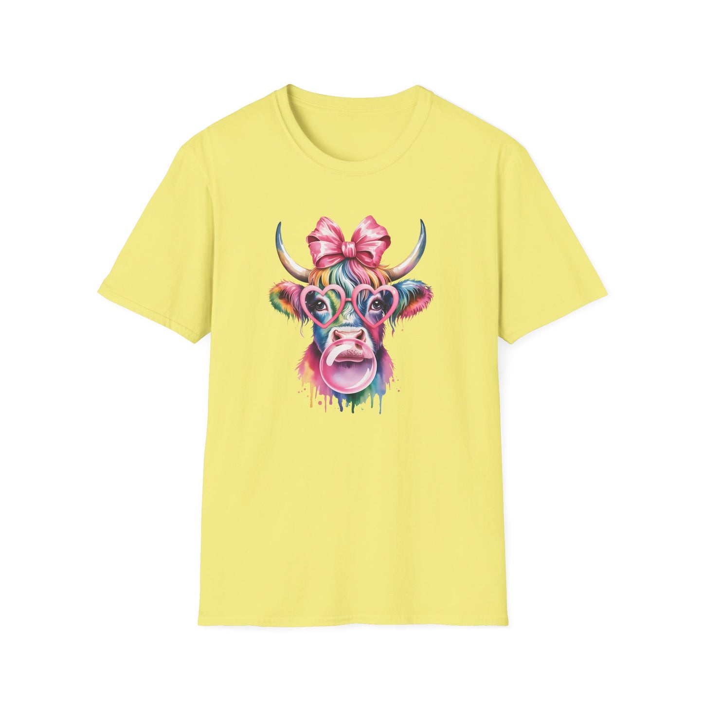 Cute Rainbow Highland Cow T-Shirt – Pink Coquette Bow Cow Graphic Tee, Funny Bubblegum Cow Shirt, Colorful Farm Animal Aesthetic Tee for Women