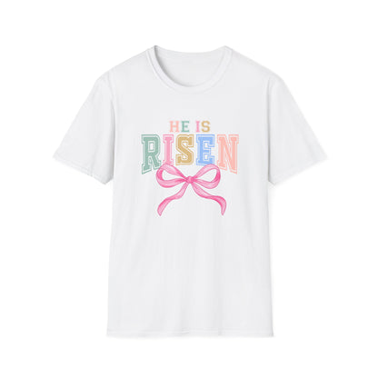 He Is Risen Easter Shirt, Christian Easter Bow Tee, Faith Based Easter Shirt Women, Religious Easter Outfit, Coquette Pastel Christian Graphic T-Shirt