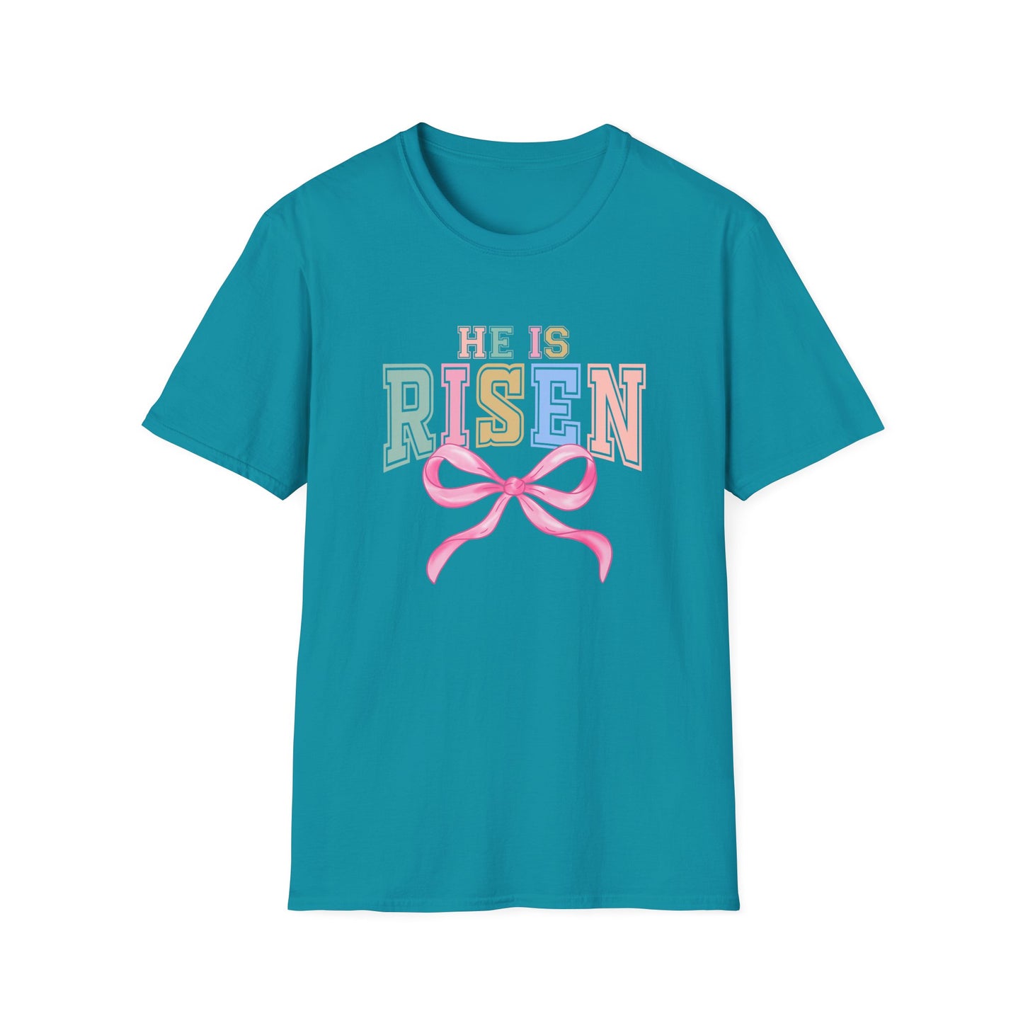 He Is Risen Easter Shirt, Christian Easter Bow Tee, Faith Based Easter Shirt Women, Religious Easter Outfit, Coquette Pastel Christian Graphic T-Shirt