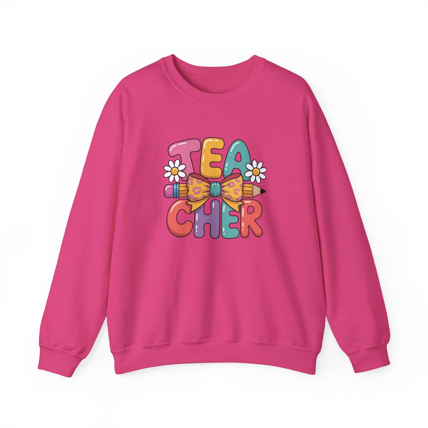 Teacher Crewneck Sweatshirt — Colorful Retro 'Teacher' Bow & Daisies Design