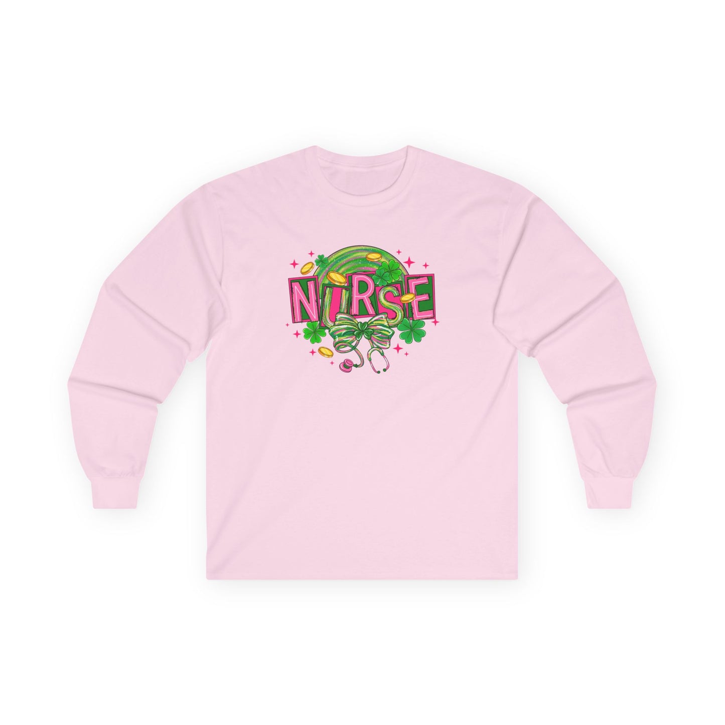 Nurse Stethoscope Graphic Long Sleeve Tee — Cute Green & Pink Healthcare Shirt