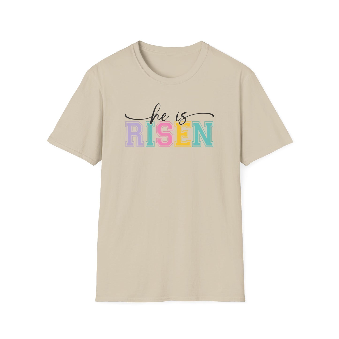 He Is Risen Christian Easter T-Shirt – Faith Based Front & Back Graphic Tee, Religious Resurrection Shirt, Pastel Easter Church Outfit for Women