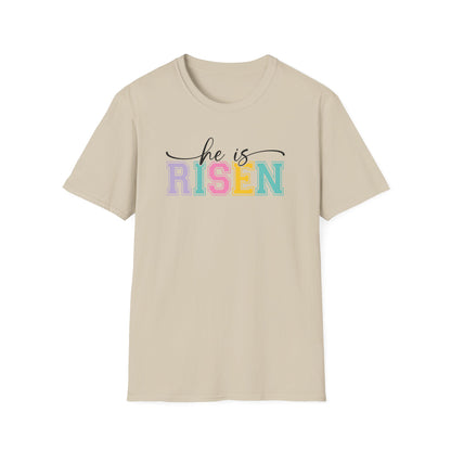 He Is Risen Christian Easter T-Shirt – Faith Based Front & Back Graphic Tee, Religious Resurrection Shirt, Pastel Easter Church Outfit for Women