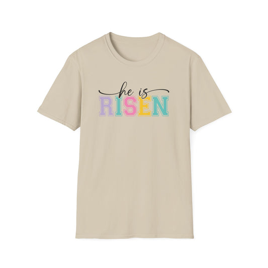 He Is Risen Christian Easter T-Shirt – Faith Based Front & Back Graphic Tee, Religious Resurrection Shirt, Pastel Easter Church Outfit for Women
