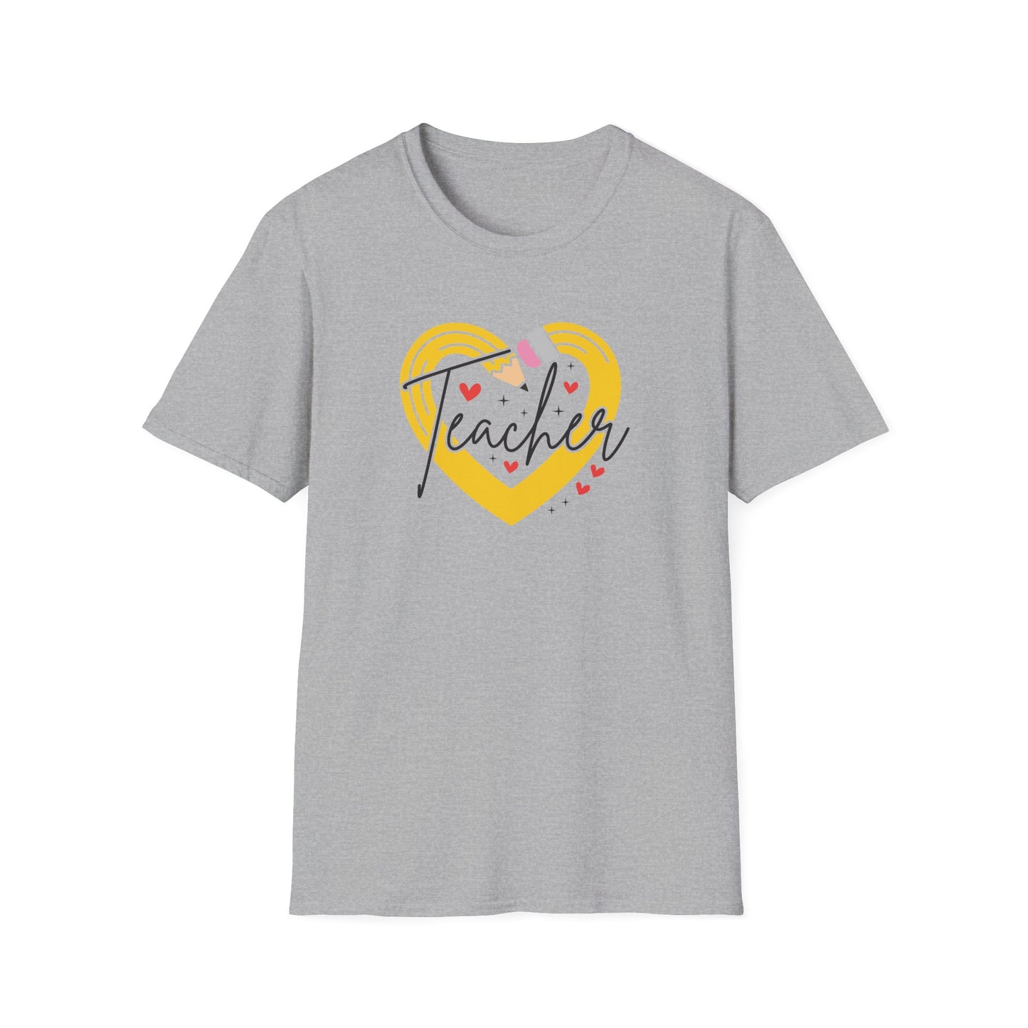 Teacher Heart Graphic T‑Shirt — Cute Yellow Heart, Pencil & 'Teacher' Script