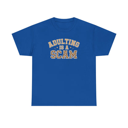 Adulting Is a Scam T-Shirt — Funny Retro Leopard Print Graphic Tee - Sarcastic Humor Shirt, Trendy Casual Tee
