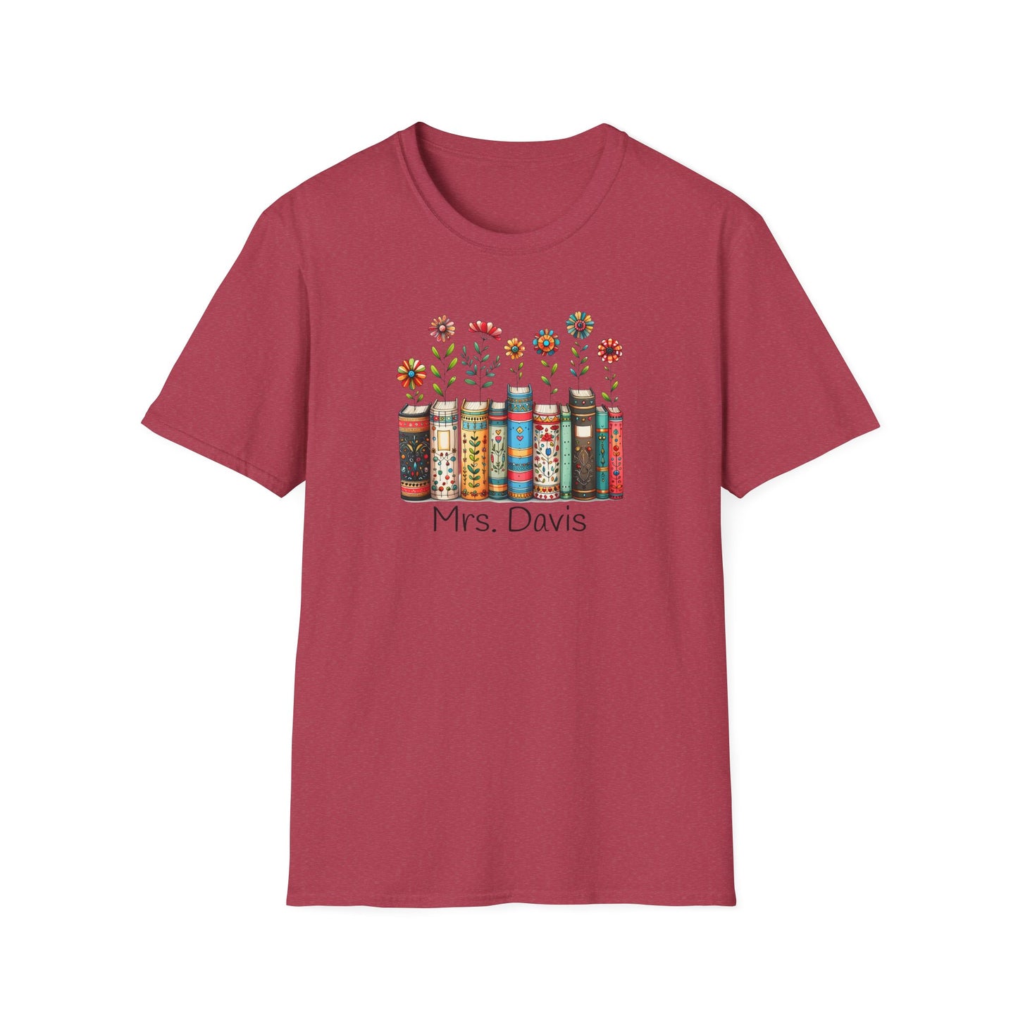 Personalized Floral Book Shirt – Custom Name Book Lover T-Shirt – Teacher & Librarian Gift – Book Stack with Flowers Tee