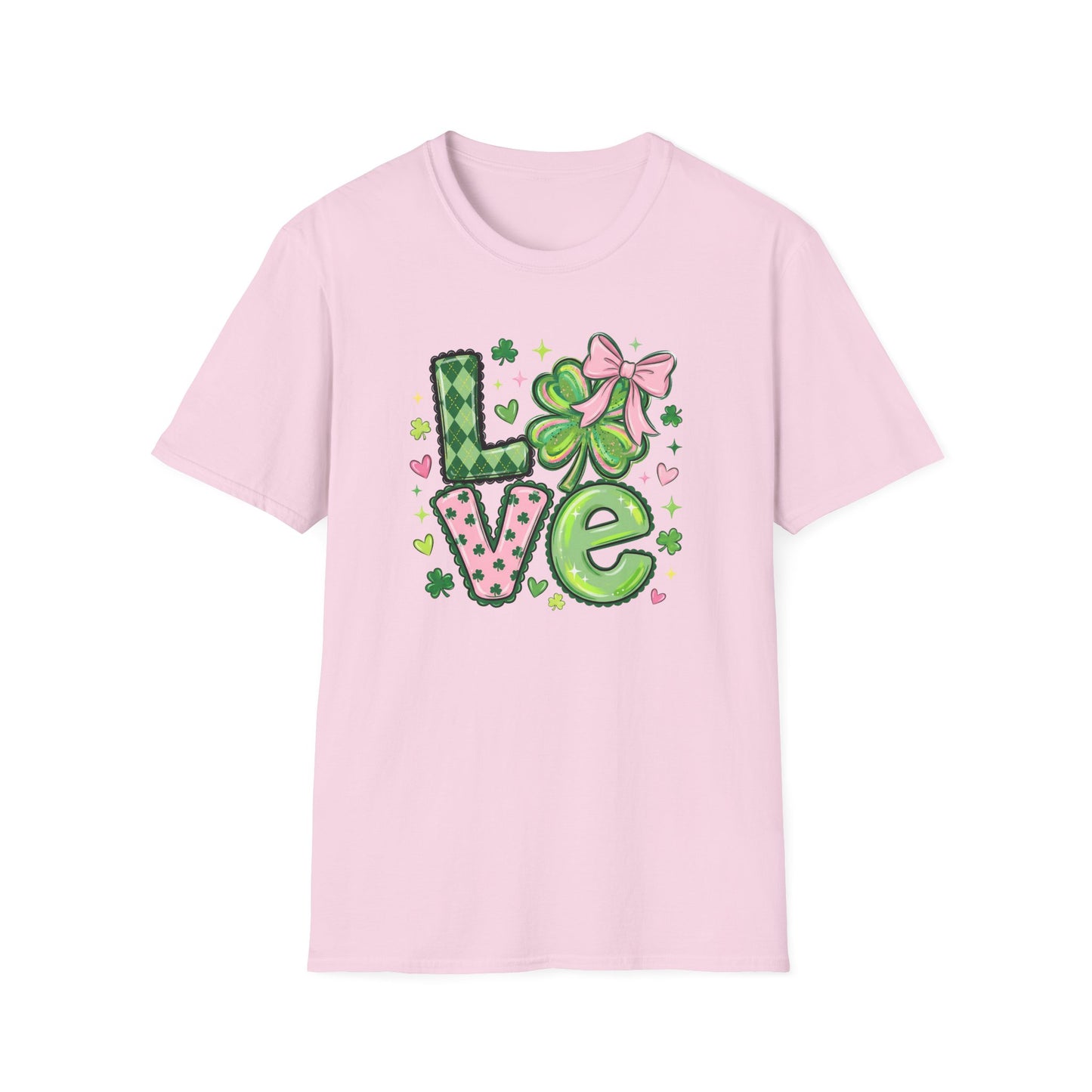 St. Patrick’s Day Love Shirt – Cute Shamrock Bow Graphic Tee, Pink & Green Clover Love Design, Lucky Irish Coquette Style Shirt