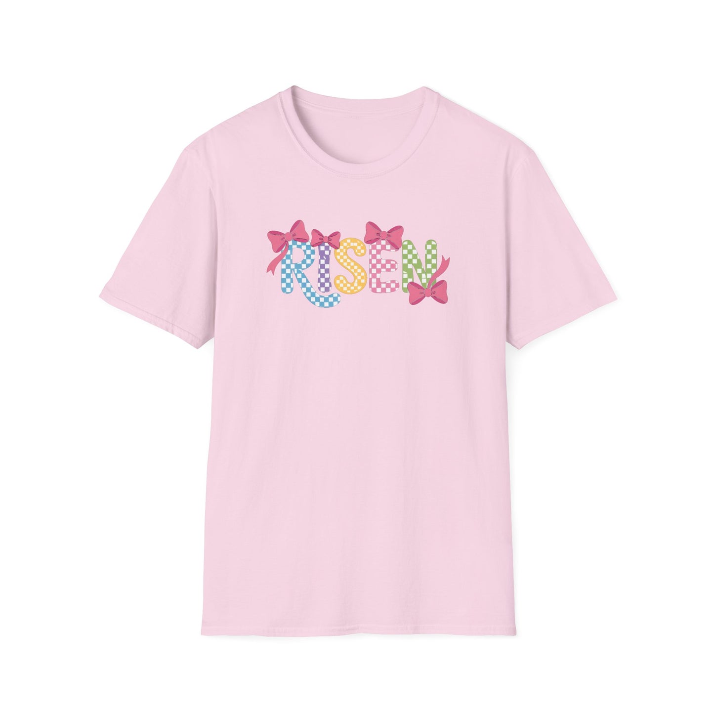 Risen Easter Shirt, Christian Easter Bunny Bow Tee, Faith Based Easter Shirt, Pastel Coquette Spring Graphic T-Shirt, Religious Easter Outfit for Women