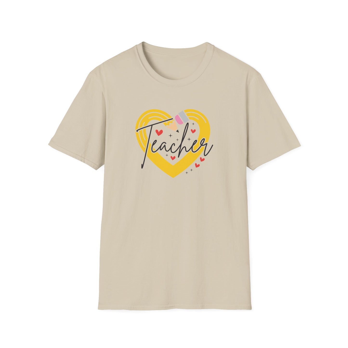 Teacher Heart Graphic T‑Shirt — Cute Yellow Heart, Pencil & 'Teacher' Script