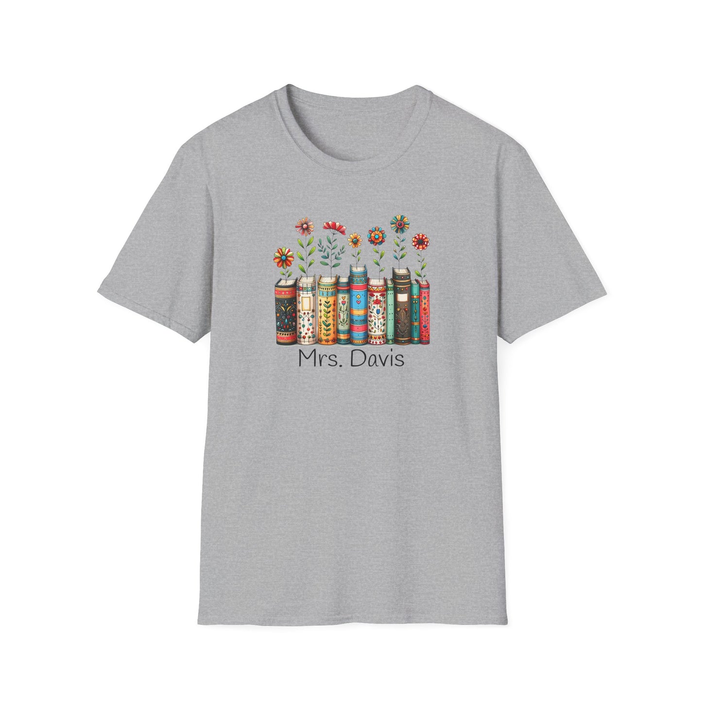Personalized Floral Book Shirt – Custom Name Book Lover T-Shirt – Teacher & Librarian Gift – Book Stack with Flowers Tee