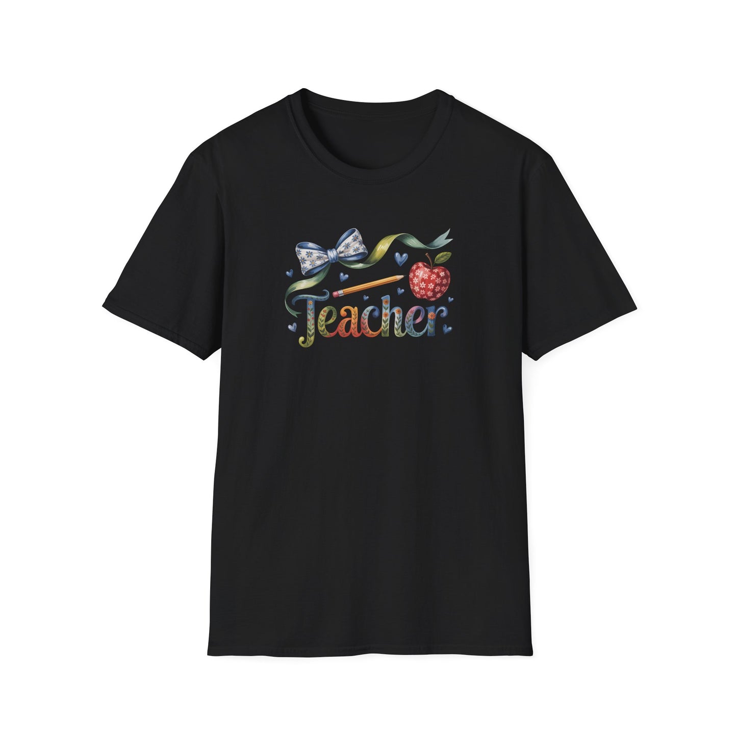 Teacher Floral Bow T-Shirt — Cute Apple & Script Teacher Shirt for Educators