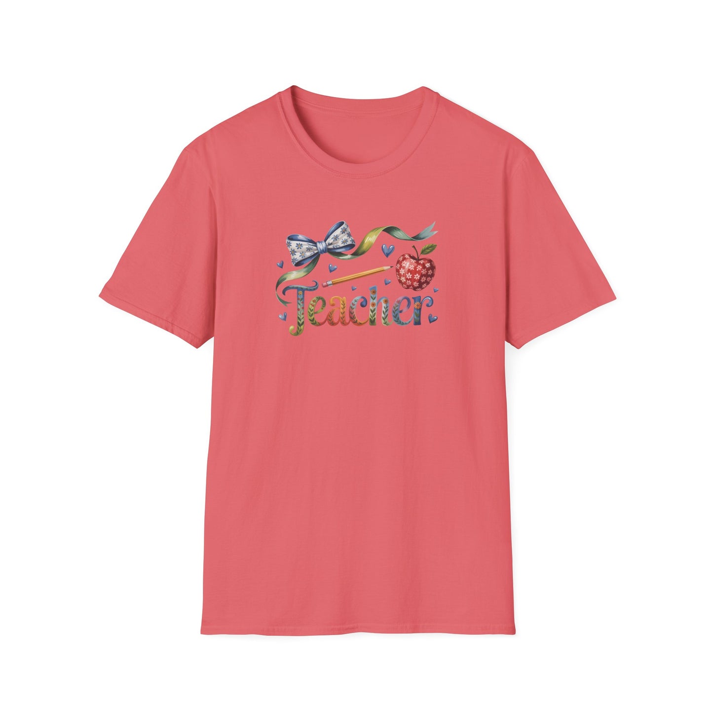 Teacher Floral Bow T-Shirt — Cute Apple & Script Teacher Shirt for Educators