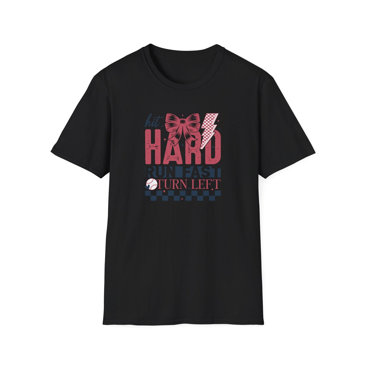 Hit Hard Run Fast Turn Left Baseball Shirt – Cute Softball Bow Tee | Game Day Shirt for Women | Sports Mom Graphic T-Shirt