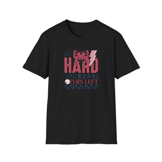 Hit Hard Run Fast Turn Left Baseball Shirt – Cute Softball Bow Tee | Game Day Shirt for Women | Sports Mom Graphic T-Shirt