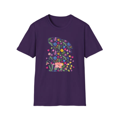 Floral Easter Bunny T-Shirt – Cute Spring Flower Bunny Graphic Tee, Pastel Botanical Easter Shirt, Colorful Rabbit Silhouette Tee for Women