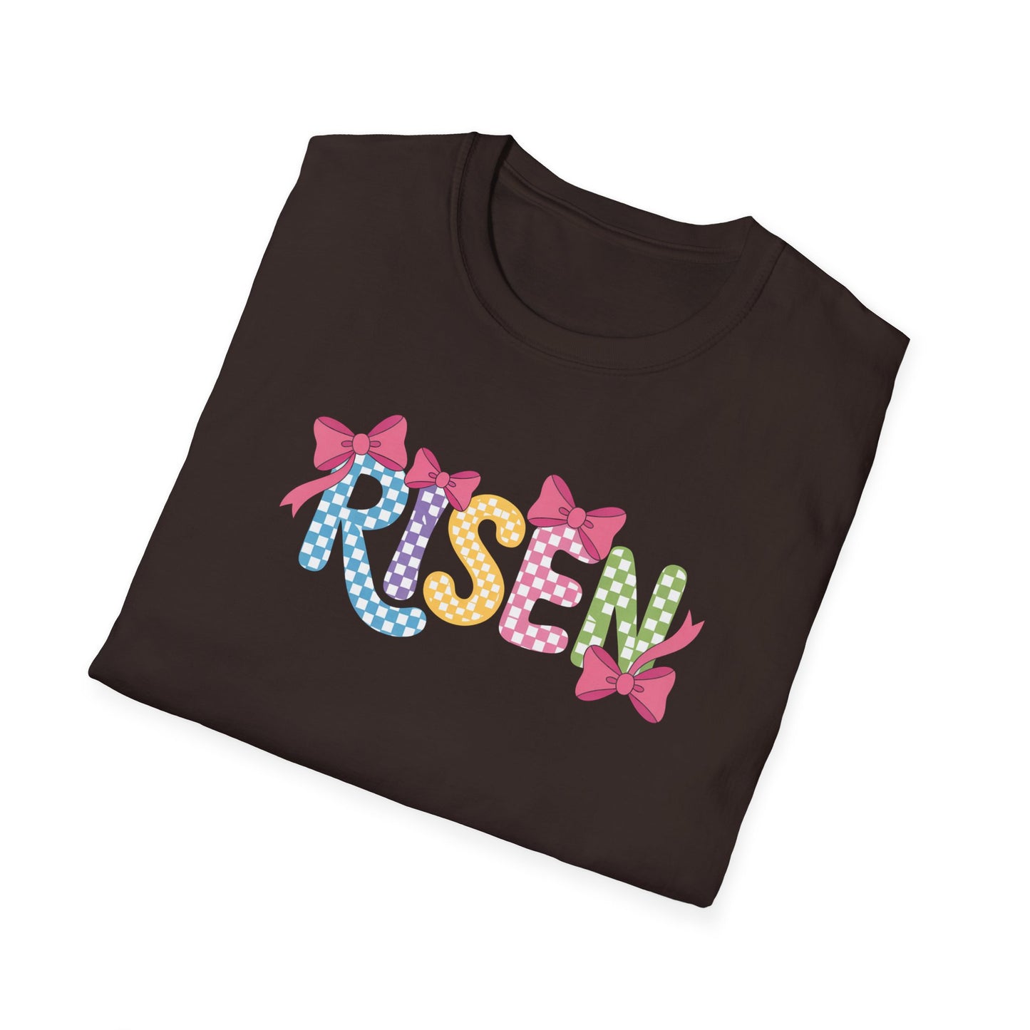 Risen Easter Shirt, Christian Easter Bunny Bow Tee, Faith Based Easter Shirt, Pastel Coquette Spring Graphic T-Shirt, Religious Easter Outfit for Women