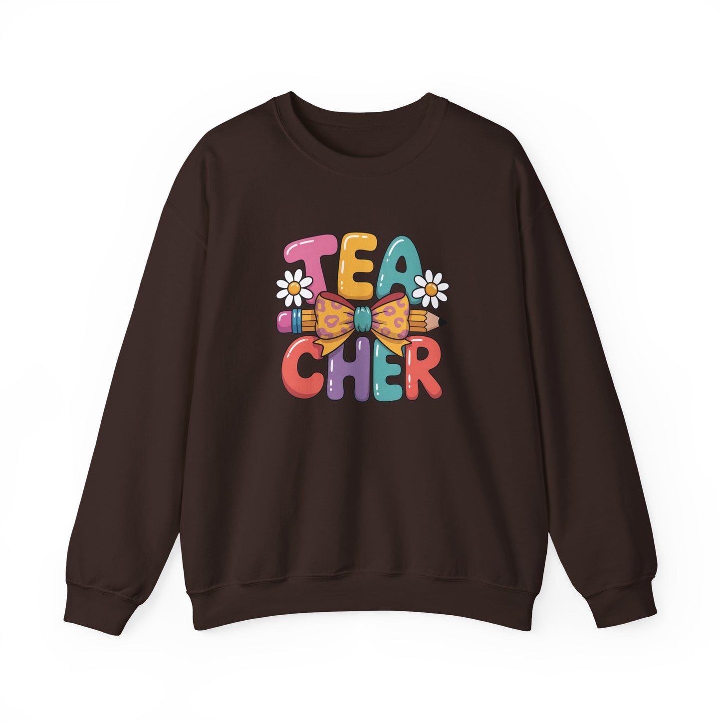 Teacher Crewneck Sweatshirt — Colorful Retro 'Teacher' Bow & Daisies Design
