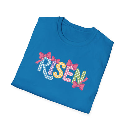 Risen Easter Shirt, Christian Easter Bunny Bow Tee, Faith Based Easter Shirt, Pastel Coquette Spring Graphic T-Shirt, Religious Easter Outfit for Women