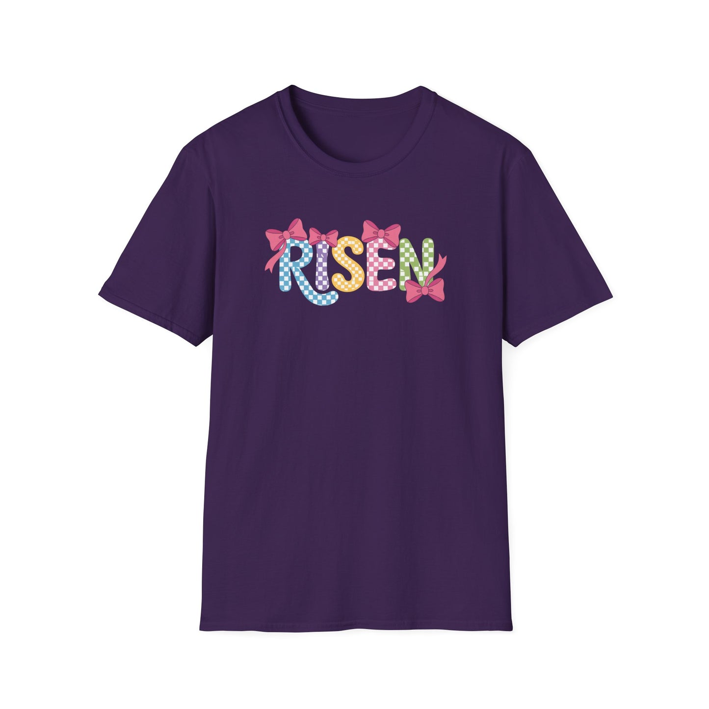 Risen Easter Shirt, Christian Easter Bunny Bow Tee, Faith Based Easter Shirt, Pastel Coquette Spring Graphic T-Shirt, Religious Easter Outfit for Women