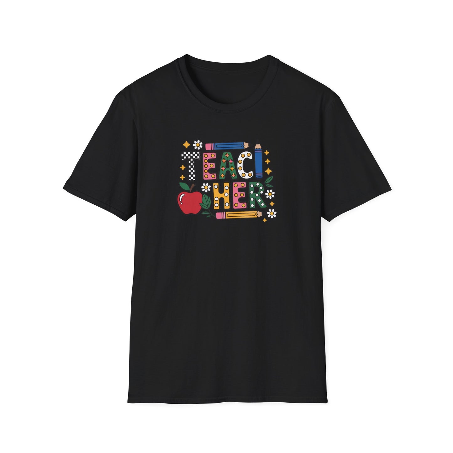 Teacher Graphic T-Shirt — Colorful Apple & Pencil Back-to-School Tee