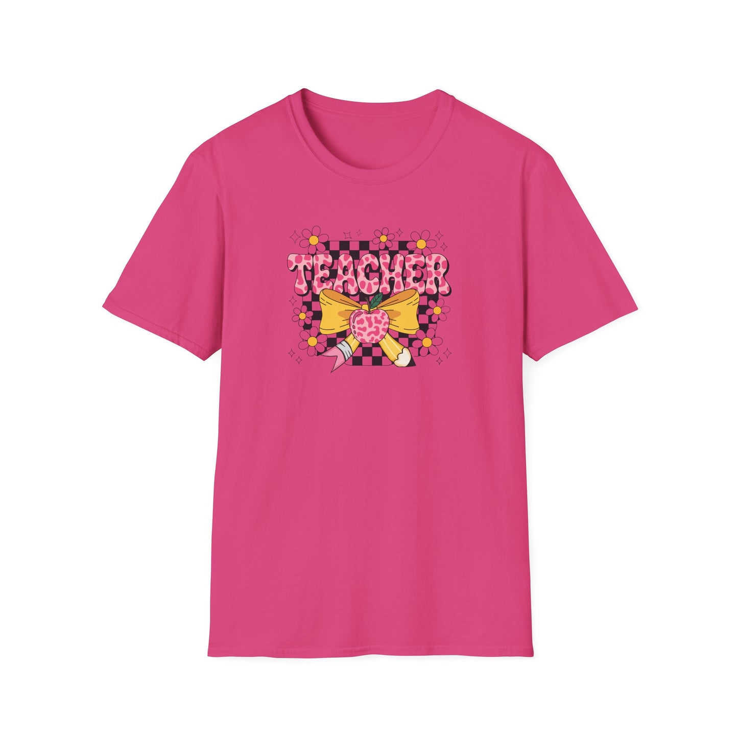 Cute Teacher Bow Shirt – Coquette Teacher T-Shirt – Trendy Pink Apple Graphic Tee – Back to School Teacher Gift
