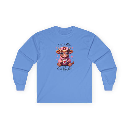 Cow Cuddles Long Sleeve Tee – Cute Cow with Coffee Valentine Shirt