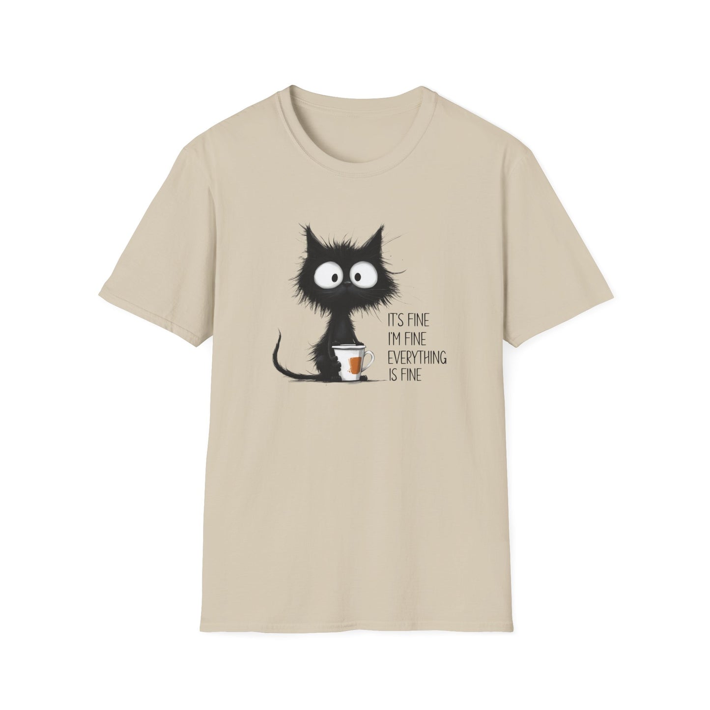 It’s Fine I’m Fine Everything Is Fine Cat Shirt – Funny Black Cat Coffee T-Shirt, Anxious Cat Graphic Tee, Relatable Humor Gift