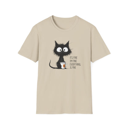 It’s Fine I’m Fine Everything Is Fine Cat Shirt – Funny Black Cat Coffee T-Shirt, Anxious Cat Graphic Tee, Relatable Humor Gift