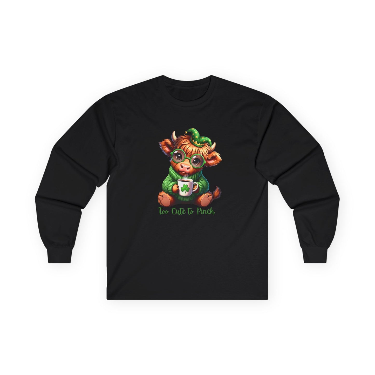 St. Patrick's Cozy Cow Long Sleeve Tee — 'Too Cute to Pinch'