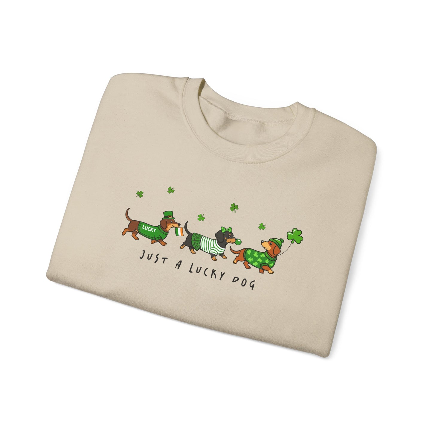St. Patrick’s Day Dachshund Sweatshirt – “Just a Lucky Dog” Crewneck