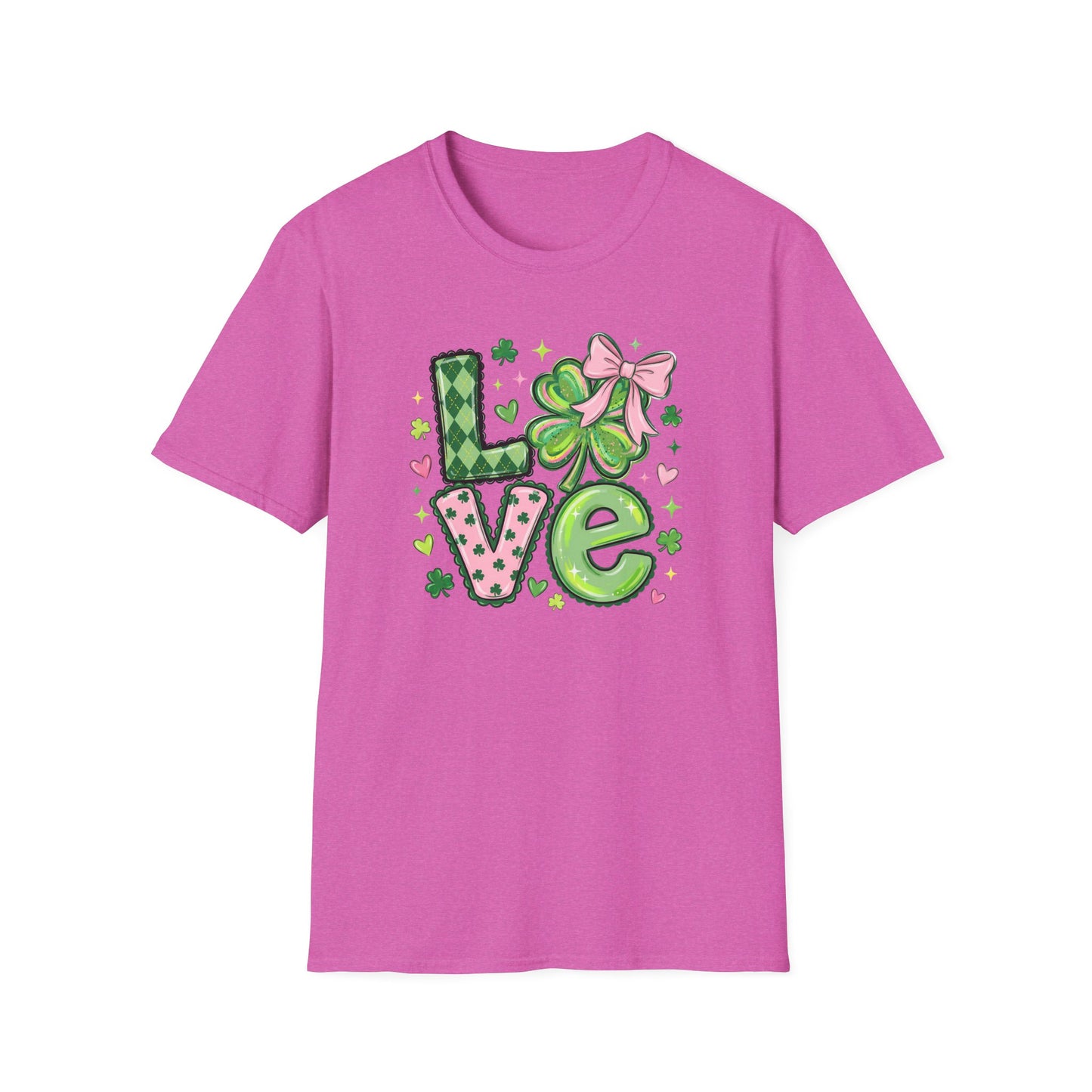 St. Patrick’s Day Love Shirt – Cute Shamrock Bow Graphic Tee, Pink & Green Clover Love Design, Lucky Irish Coquette Style Shirt