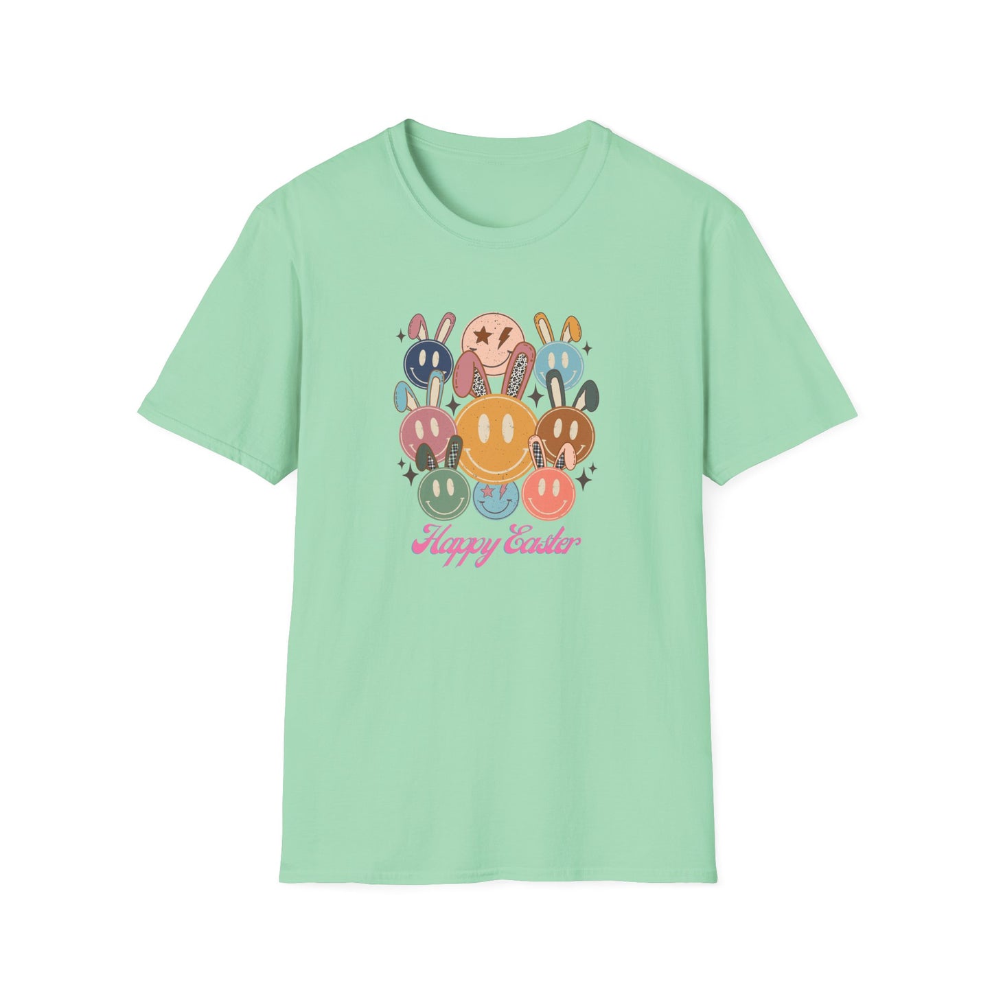 Happy Easter Smiley Face Shirt, Cute Bunny Smile Graphic Tee, Pastel Retro Easter Shirt Women, Spring Aesthetic Easter Outfit, Kawaii Bunny Graphic T-Shirt