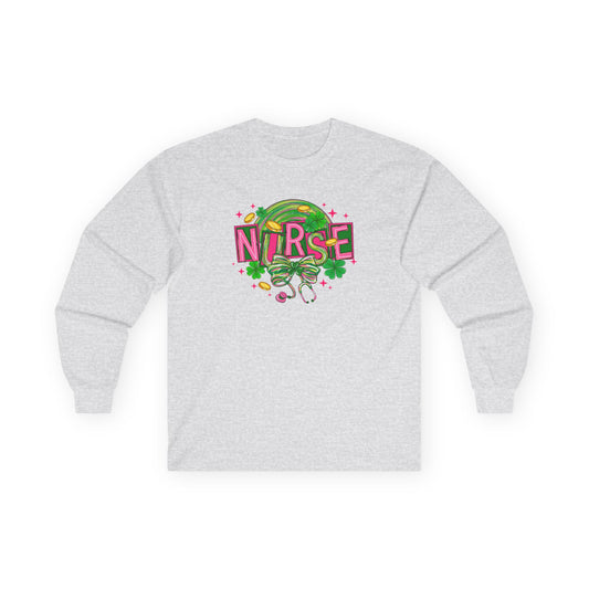 Nurse Stethoscope Graphic Long Sleeve Tee — Cute Green & Pink Healthcare Shirt