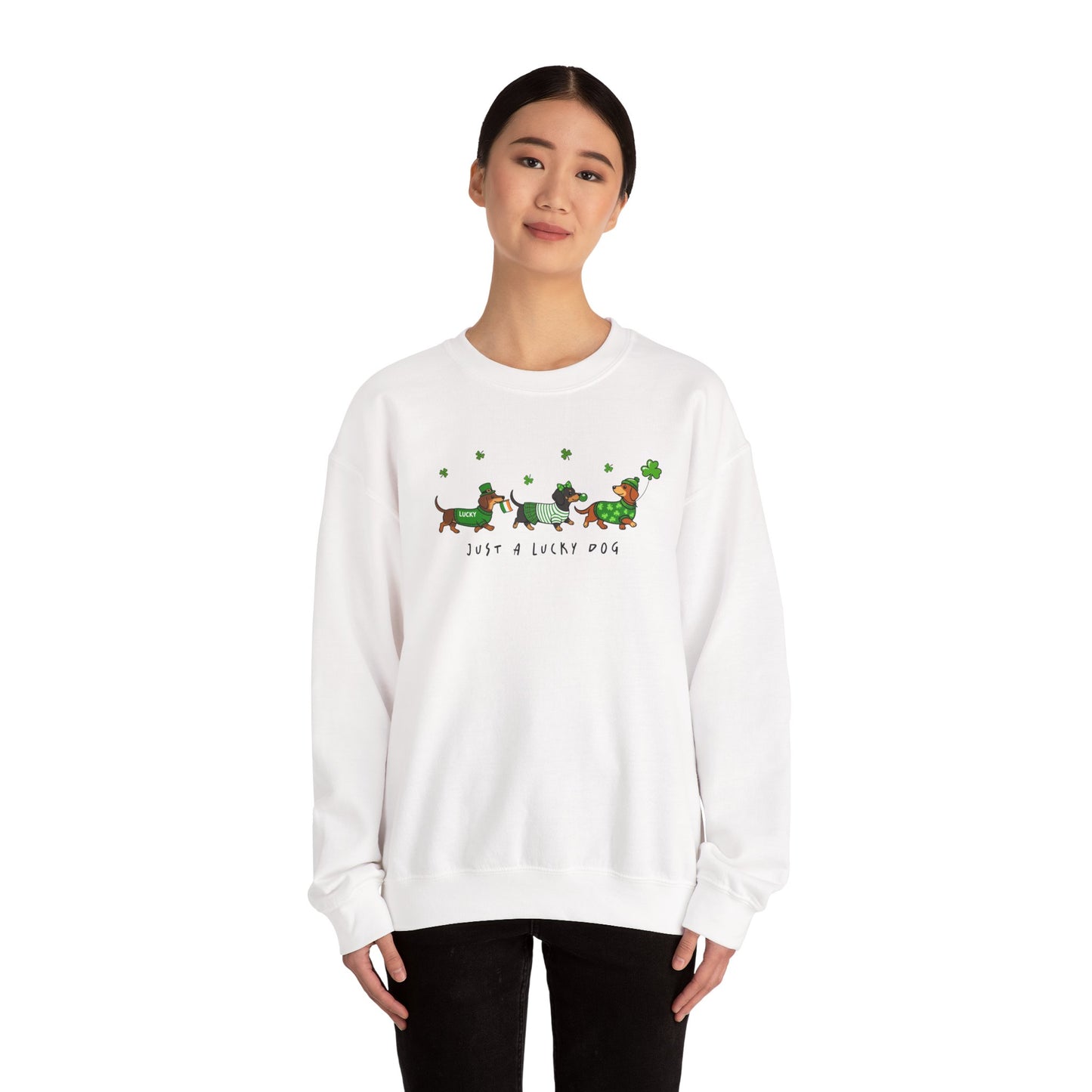 St. Patrick’s Day Dachshund Sweatshirt – “Just a Lucky Dog” Crewneck