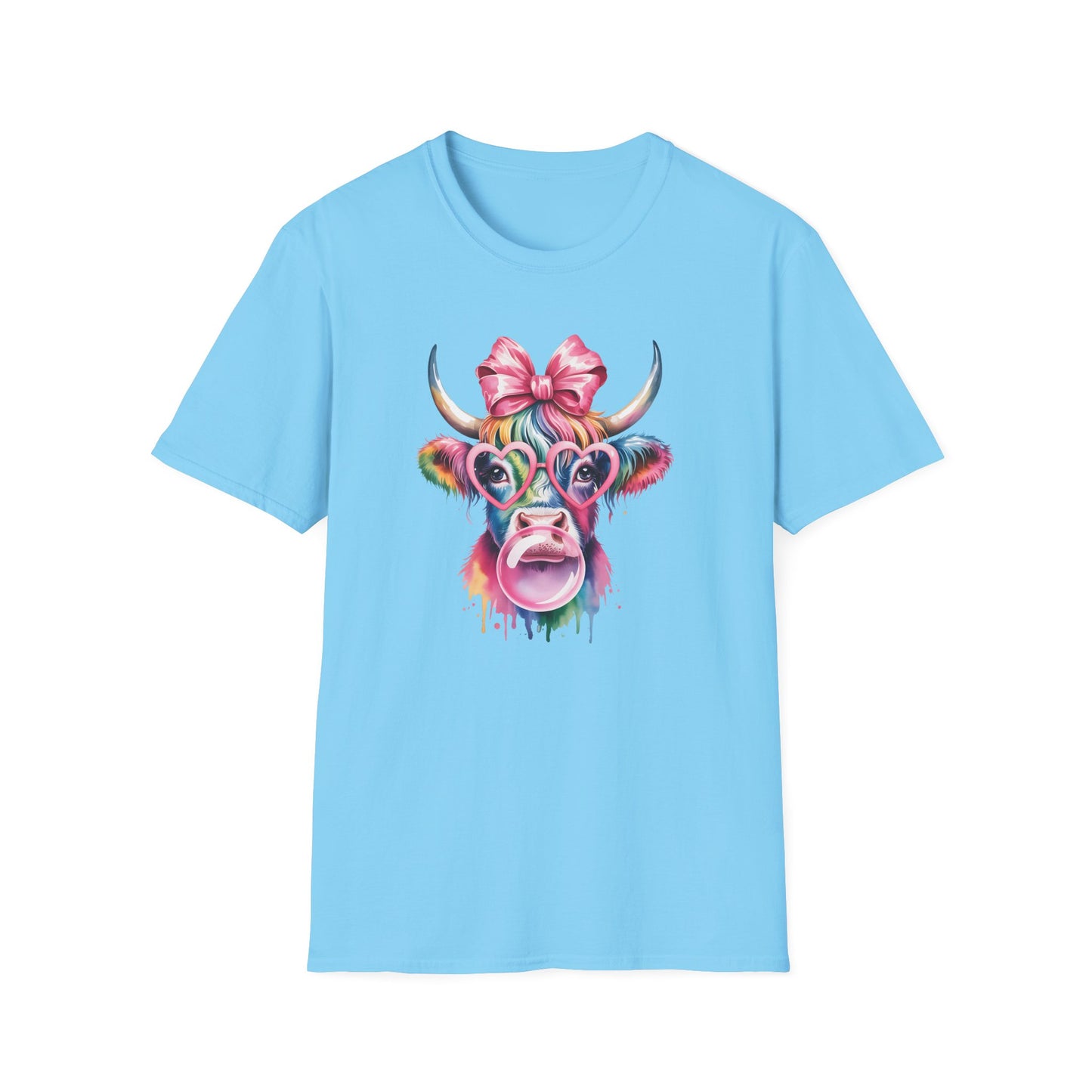 Cute Rainbow Highland Cow T-Shirt – Pink Coquette Bow Cow Graphic Tee, Funny Bubblegum Cow Shirt, Colorful Farm Animal Aesthetic Tee for Women
