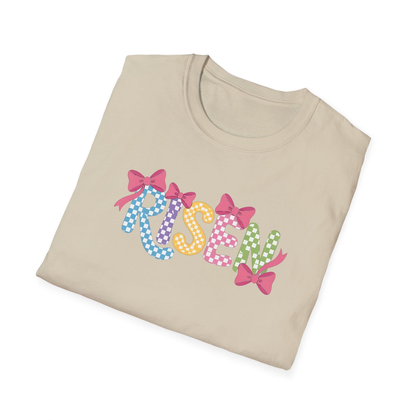 Risen Easter Shirt, Christian Easter Bunny Bow Tee, Faith Based Easter Shirt, Pastel Coquette Spring Graphic T-Shirt, Religious Easter Outfit for Women