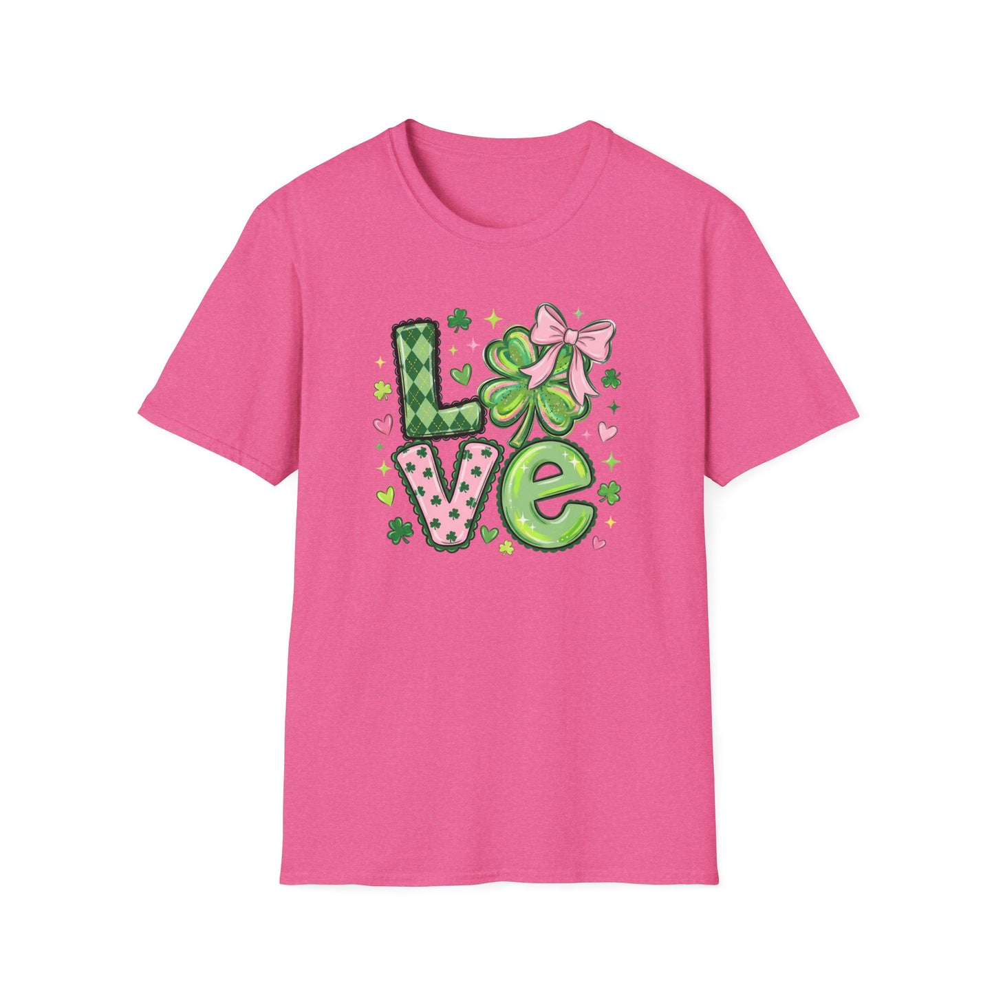 St. Patrick’s Day Love Shirt – Cute Shamrock Bow Graphic Tee, Pink & Green Clover Love Design, Lucky Irish Coquette Style Shirt