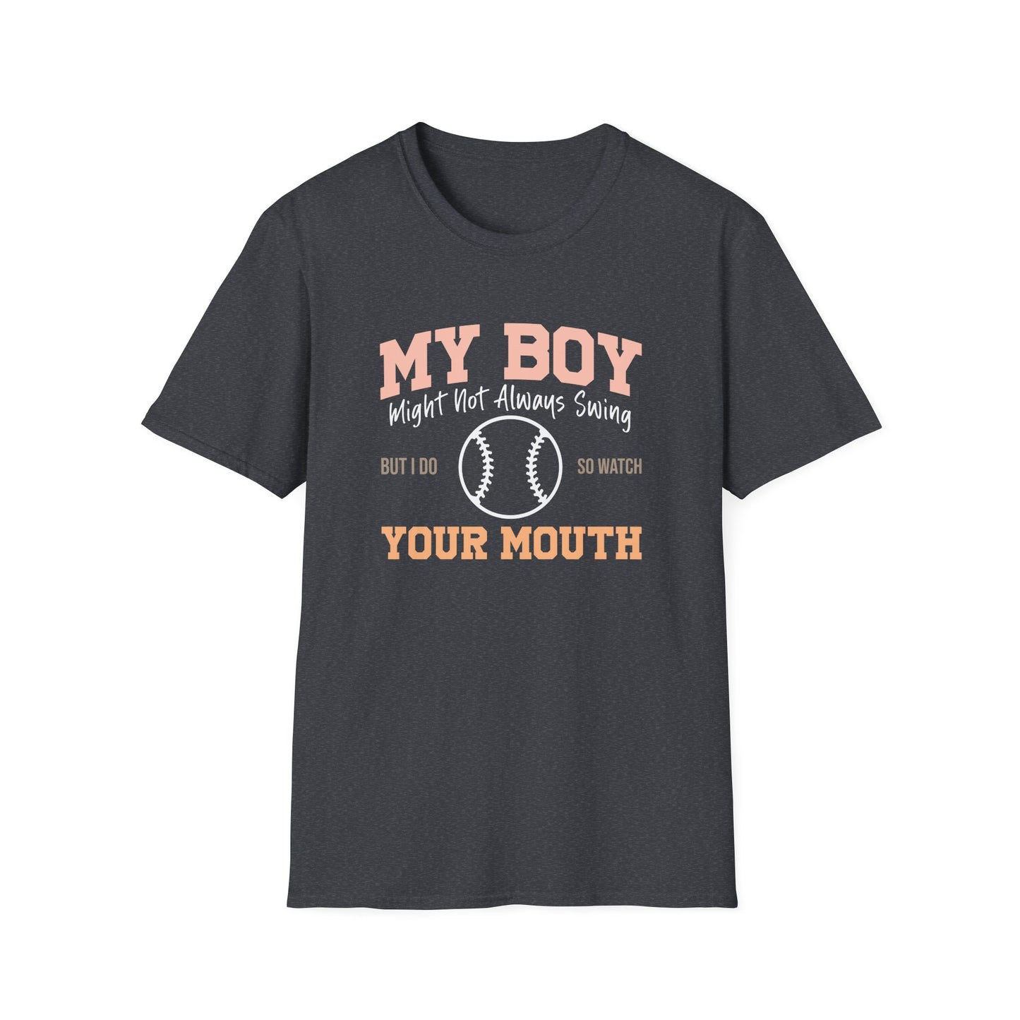 Funny Baseball Mom Shirt – “My Boy Might Not Always Swing” Graphic Tee | Sports Mom T-Shirt | Baseball Season Gift | Proud Boy Mom Tee