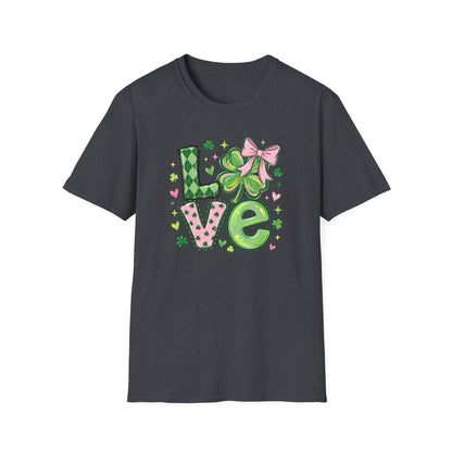 St. Patrick’s Day Love Shirt – Cute Shamrock Bow Graphic Tee, Pink & Green Clover Love Design, Lucky Irish Coquette Style Shirt