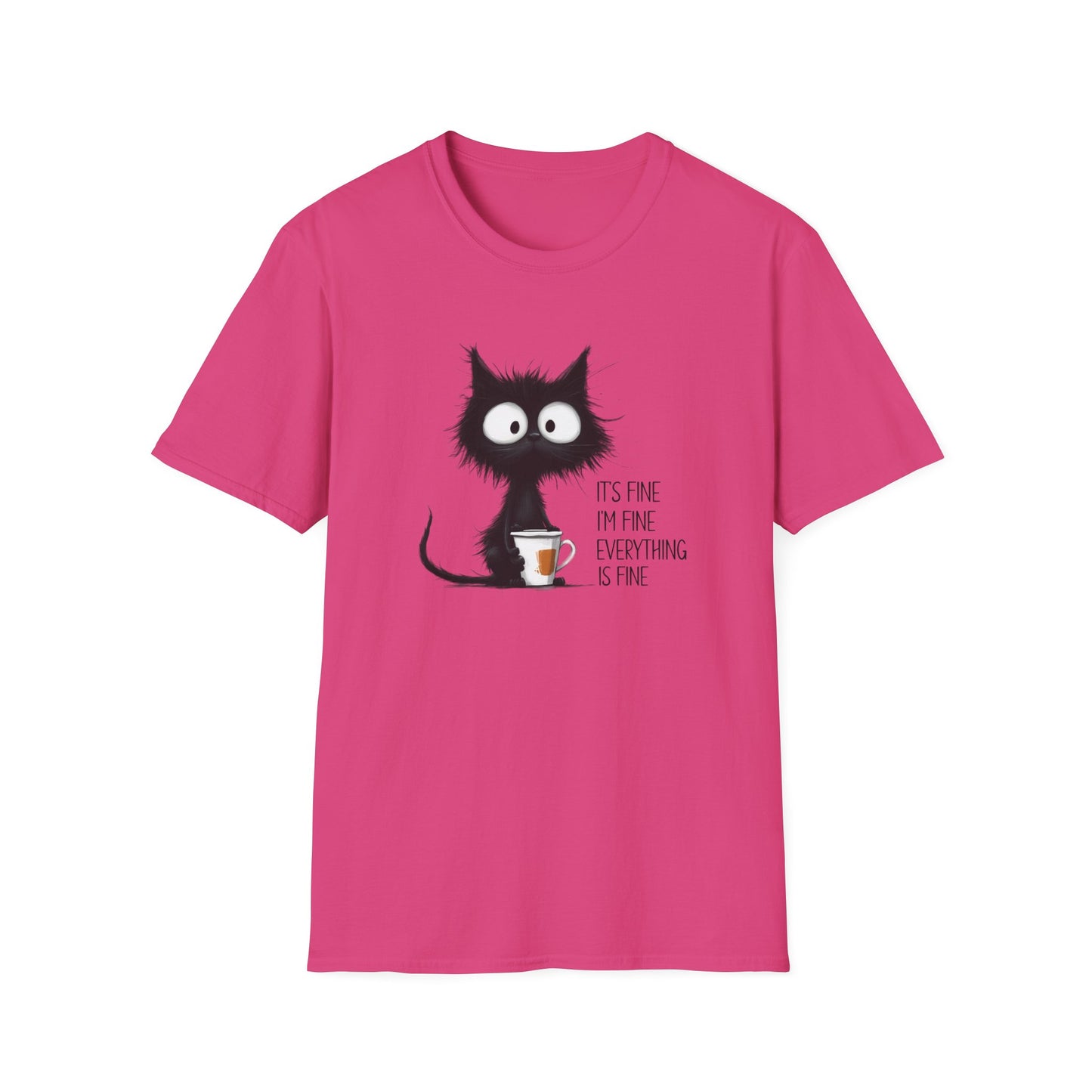 It’s Fine I’m Fine Everything Is Fine Cat Shirt – Funny Black Cat Coffee T-Shirt, Anxious Cat Graphic Tee, Relatable Humor Gift